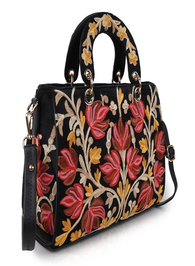 EVEDA Synthetic Leather Gorgeous Embroidery Stylish Design Shoulder Crossbody Hobo Women Handbag, Black - Image 1